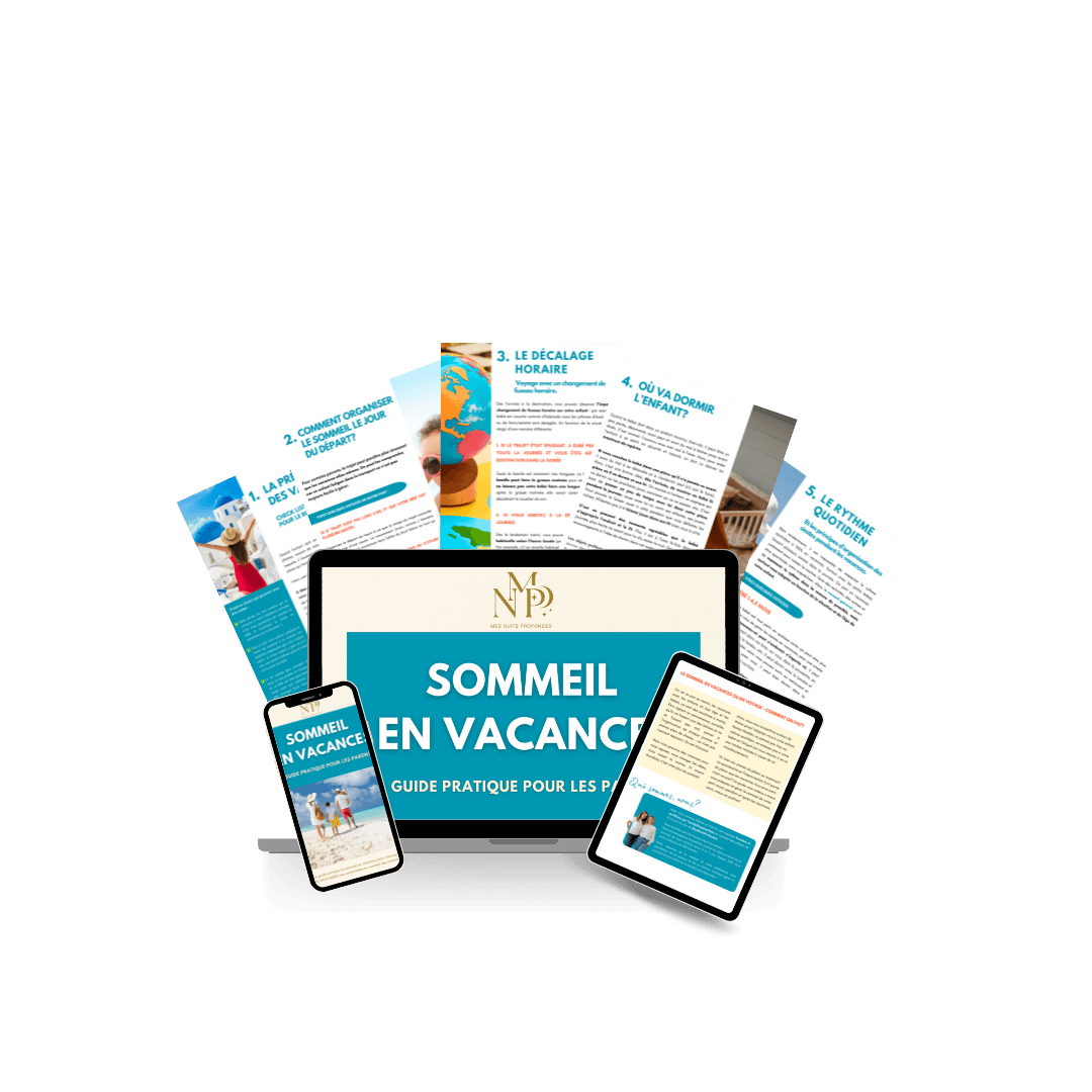 Guide Sommeil en vacances présenté sur ordinateur, tablette et téléphone avec ses fiches pratiques