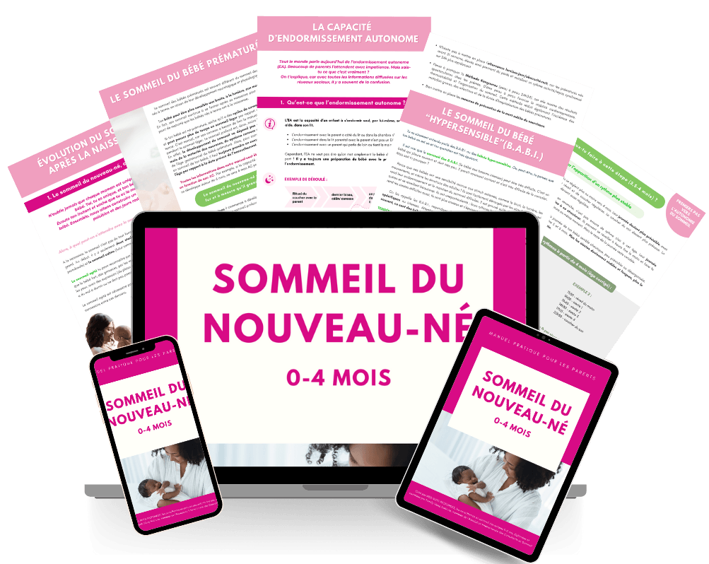 Manuel Sommeil du Nouveau-Né 0-4 mois présenté sur plusieurs supports avec ses fiches pratiques